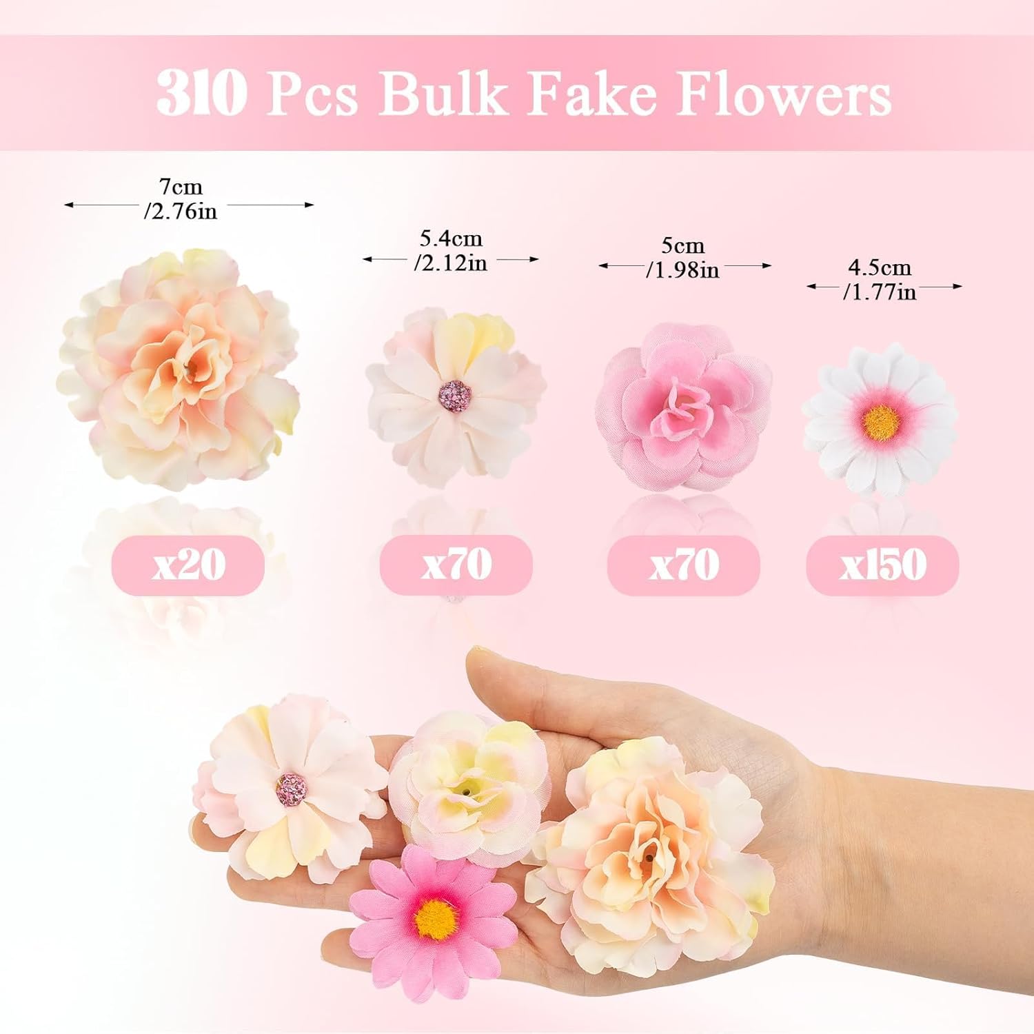 ATTGREAT 310 Pcs Fake Flower Heads Mini Artificial Flower Bulk Silk Flowers for Decoration Small Faux Flower Heads Fabric Daisy Buds Floral for Crafts DIY Wedding Party Baby Shower Home Decor, Pink