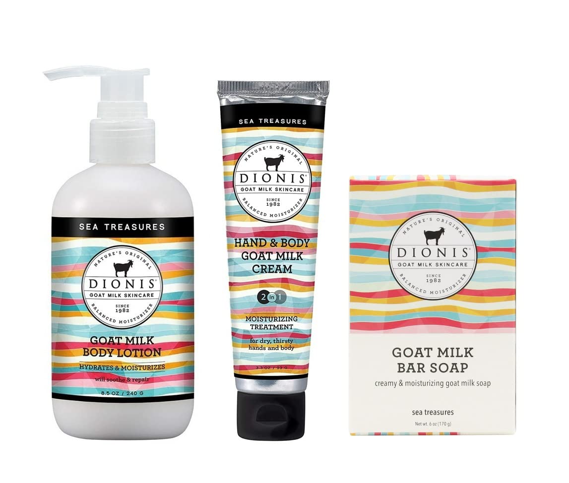 Dionis Goat Milk Skincare Sea Treasures Scented Lotion 8.5oz, Hand & Body Cream 3.3oz and Bar Soap 6oz Bundle