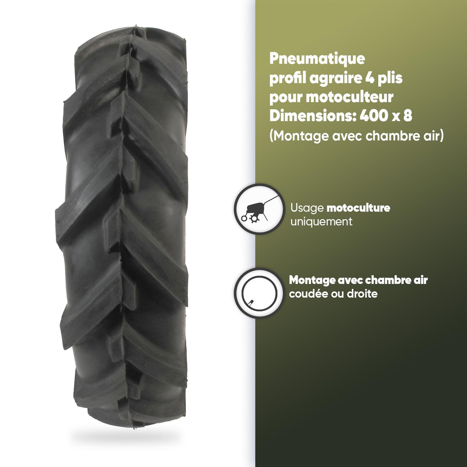 GREENSTAR - Pneu 4 Plis Profil Agraire Pour Motoculteur - Dimensions 400 x 8 - Montage Avec Chambre Air - Durable - Produit de haute qualité