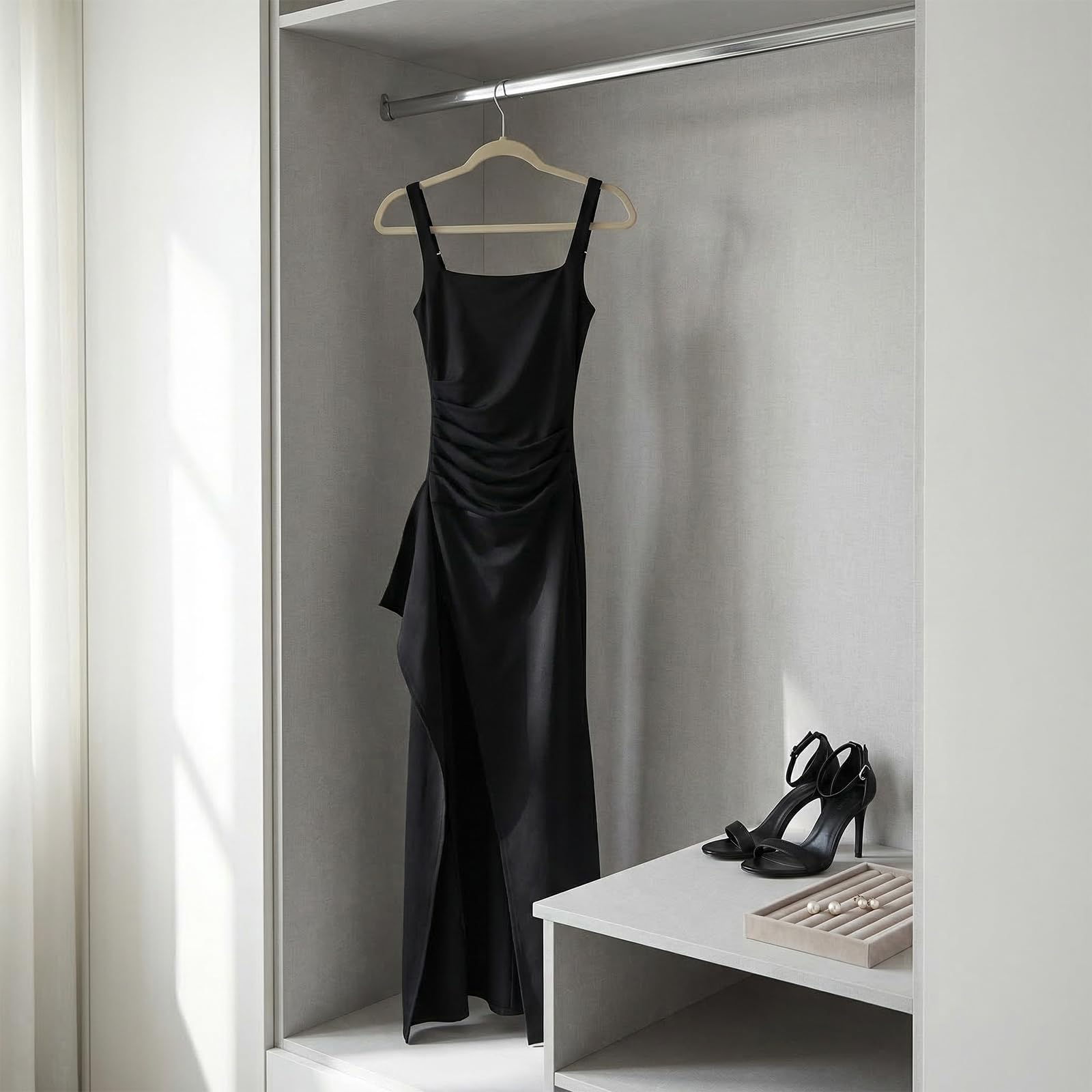 Abito da sera da donna, sexy, lungo, elegante, senza maniche, spaccato, scollo quadrato, estivo, per feste, cocktail party