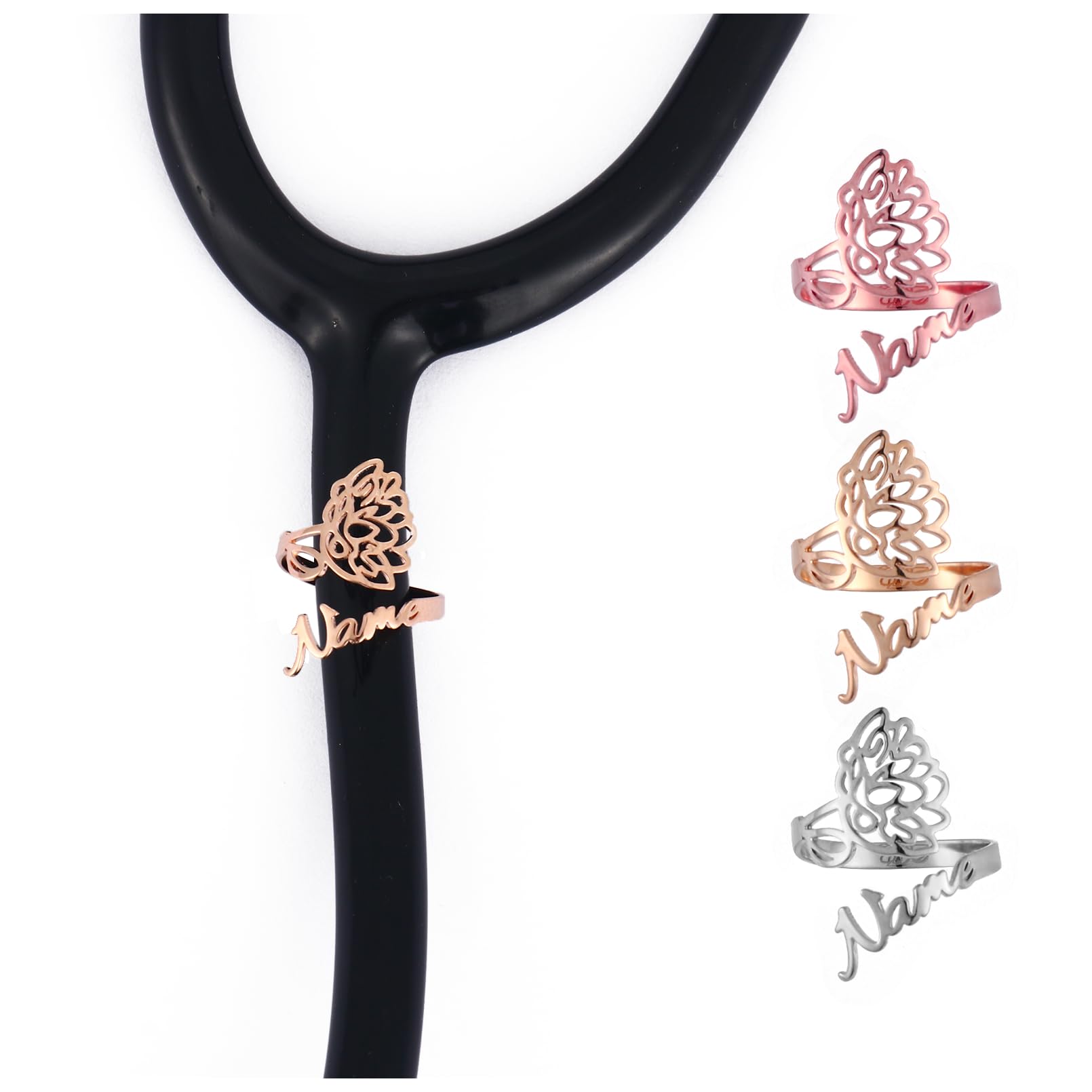 Dinikally Custom Name Stethoscope Tag with Birth Flower Design - Personalized ID Tag for Doctors, Nurses, and Medical Assistants (Silver)