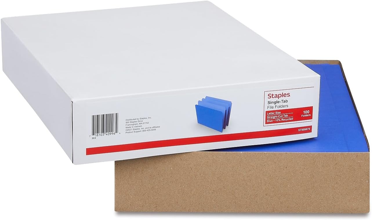 Staples Single‑Tab File Folders, Letter Size, Blue, Heavy‑Duty Paper Stock, 100/Box