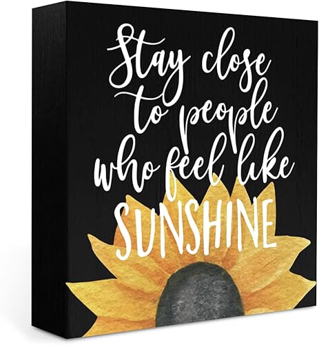 Letrero de madera con diseño de sol de 5 x 5 pulgadas, decoración de escritorio, rústico, de madera, cuadrado, decoración de girasol, decoración de