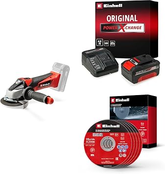 Einhell TE-AG 18/115 Li - Solo Ak l  Avu  Ta lama + 18V 4,0 Ah PXC Starter Kit, Ak  ve  arj Cihaz  +  nox kesici disk 115x1,0 mm 5 adet