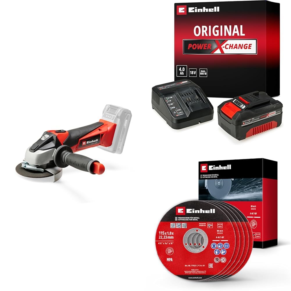 Einhell TE-AG 18/115 Li - Solo Akülü Avuç Taşlama + 18V 4,0 Ah PXC Starter Kit, Akü ve Şarj Cihazı + İnox kesici disk 115x1,0 mm 5 adet