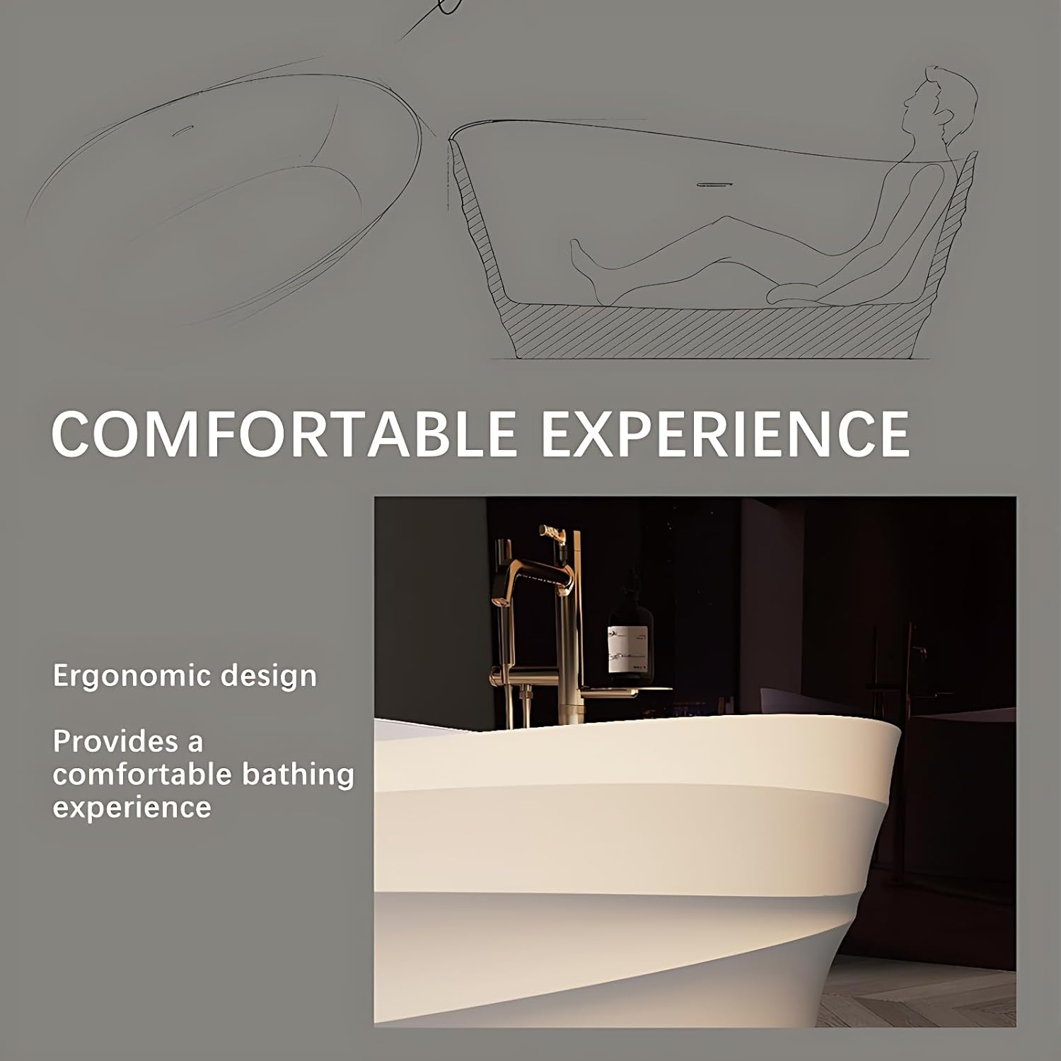 Luxury Modern Freestanding Bathtub – Oval Stone Resin Soaker Tub with Ergonomic Design, Non-Slip Surface & Drain for Contemporary Bathrooms (BLACK, 62"(L) x34"(W) x28"(H))