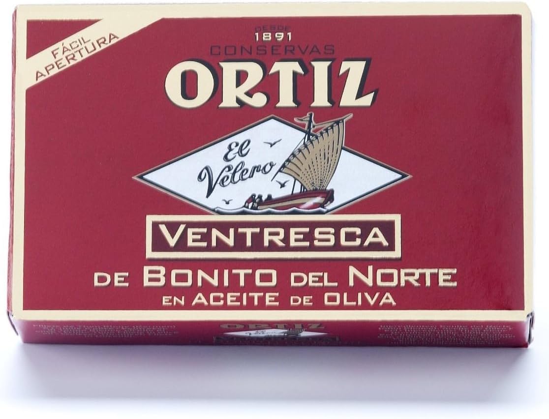 Ortiz Ventresca White Tuna Belly in Olive Oil, Tender Buttery Fillets with Exquisite Flavor, Superior Wild Caught Tuna Packed in Delicate Spanish Olive Oil, 3.88oz Can (Pack of 1)