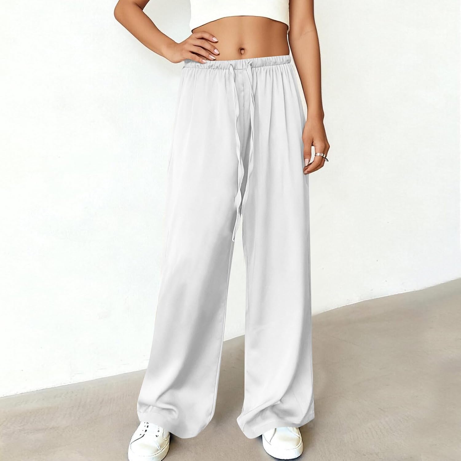 Womens Satin Wide Leg Dress Pants Silk Casual Dressy Flowy Long Pants Drawstring Elastic High Waisted Trousers
