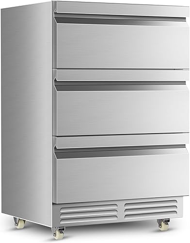 Tylza Refrigerador de bebidas al aire libre de 3 cajones, 190 latas de 24 pulgadas, refrigerador de bebidas bajo encimera, impermeable, todo acero