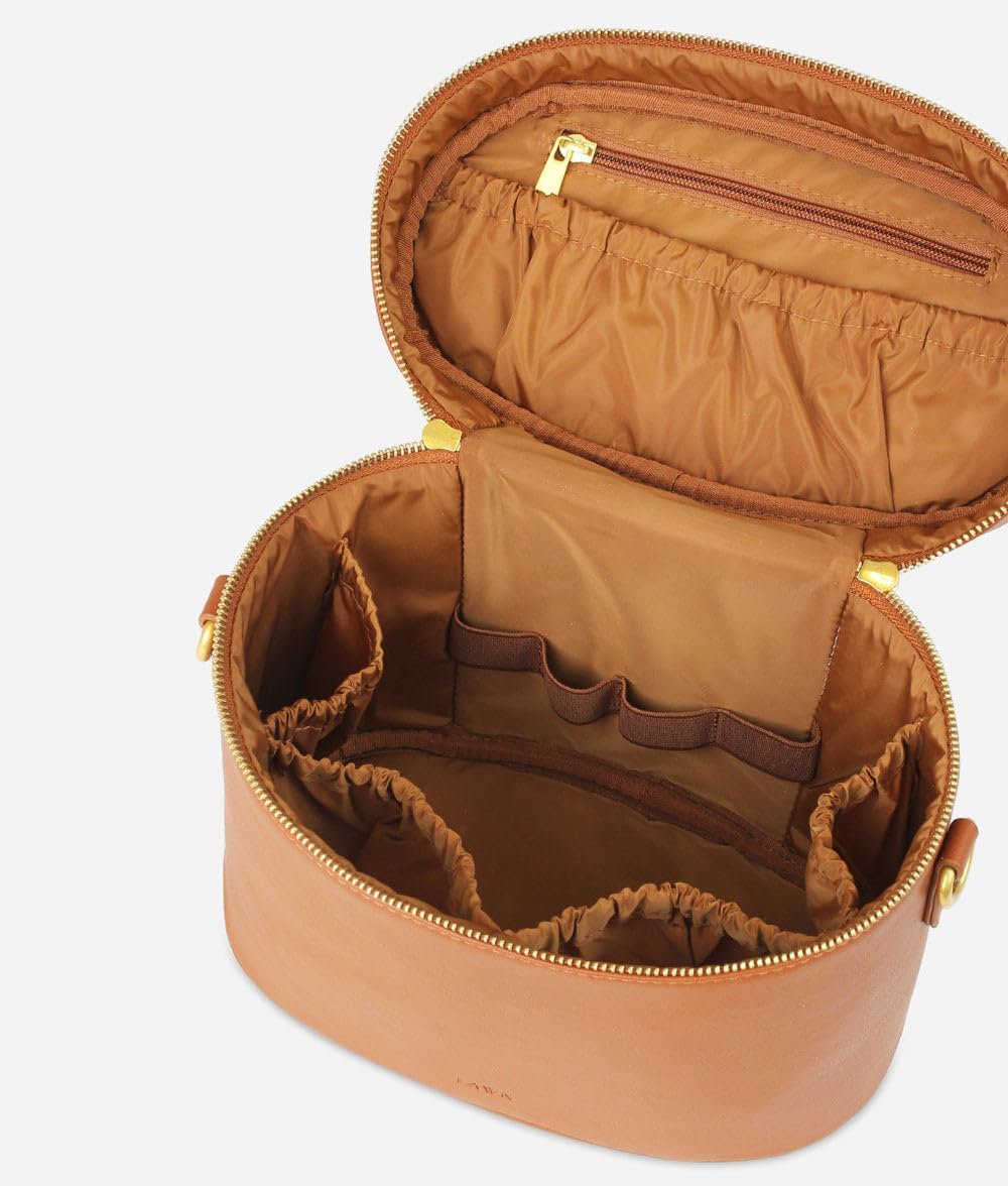 FAWN DESIGN The Train Case, Faux Leather Skin Care Brown Makeup Bag with Adjustable Messenger Strap, Travel Toiletry Bag 4 Elastic Band Holders, 5 Interior Pockets and 1 Zipper Pocket, 10x6x8 inches
