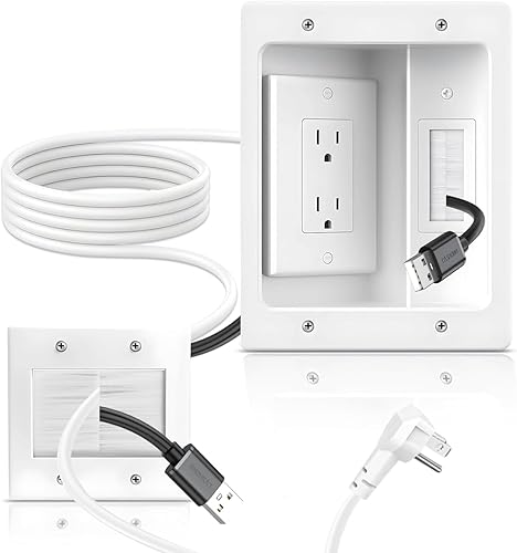 in Wall Cable Management Kit with Recessed Tv Outlet Box-Two-Hole Socket, 9ft Cord,Tv Cable Hider Wall Kit Hider Box Fits All Plugs, Easy, Safe