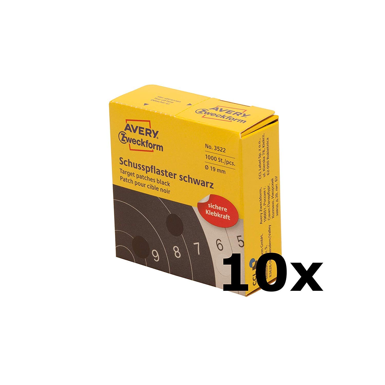 AVERY Zweckform 3522 plastry do strzału (Ø 19 mm, wstępnie zadrukowane) czarne (10 opakowań)