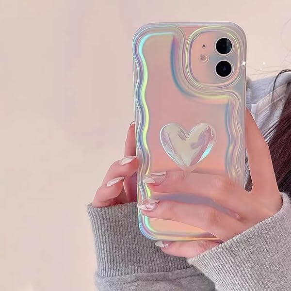 JiuWang Funda iPhone 11 Pro MAX Rosa Iridescente, Corazón 3D & Borde Ondulado, Carcasa IMD PC AntiGolpes, Diseño Kawaii Cute para Mujer y Niña - 1