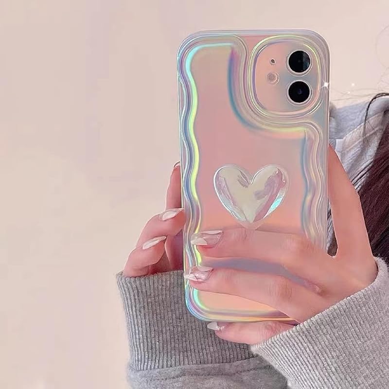 JiuWang Funda iPhone 12 Pro Rosa Iridescente, Corazón 3D & Borde Ondulado, Carcasa IMD PC AntiGolpes, Diseño Kawaii Cute para Mujer y Niña