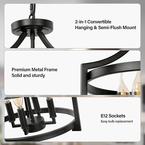 Miniatura 3 de Lámpara de araña de granja de 4 luces, moderna iluminación colgante colgante, lámpara de techo convertible semiempotrada, lámpara de techo rústica,