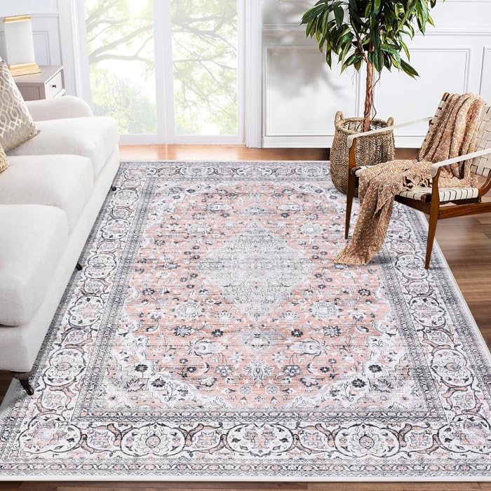COZYLOOM Vintage Rug 5x7 Washable Rugs Non-Slip Throw Rug Low Pile Living Room Rug Distessed Floor Carpet for Entrance Laundry, Green
