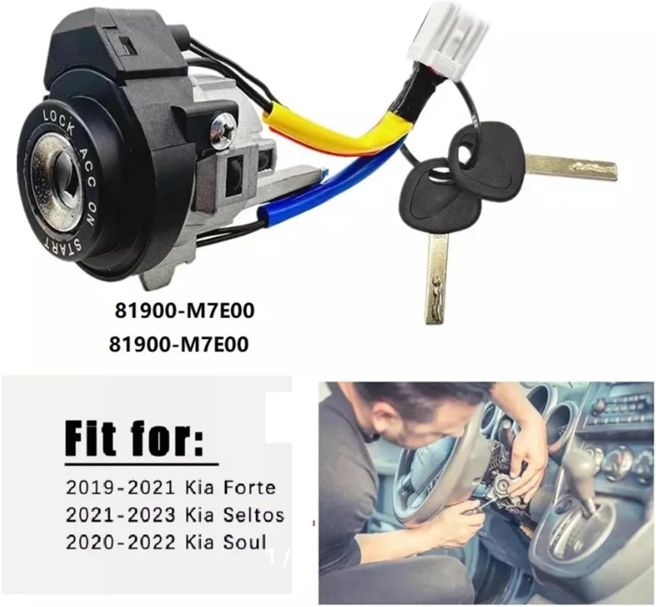 for Kia Ignition Lock Cylinder with Keys Set 81900-M7E00 81991-35240 for Forte 2019-2021, for Seltos 2021-2023, for Soul 2020-2022 | Replacement Car Door Lock Cylinder