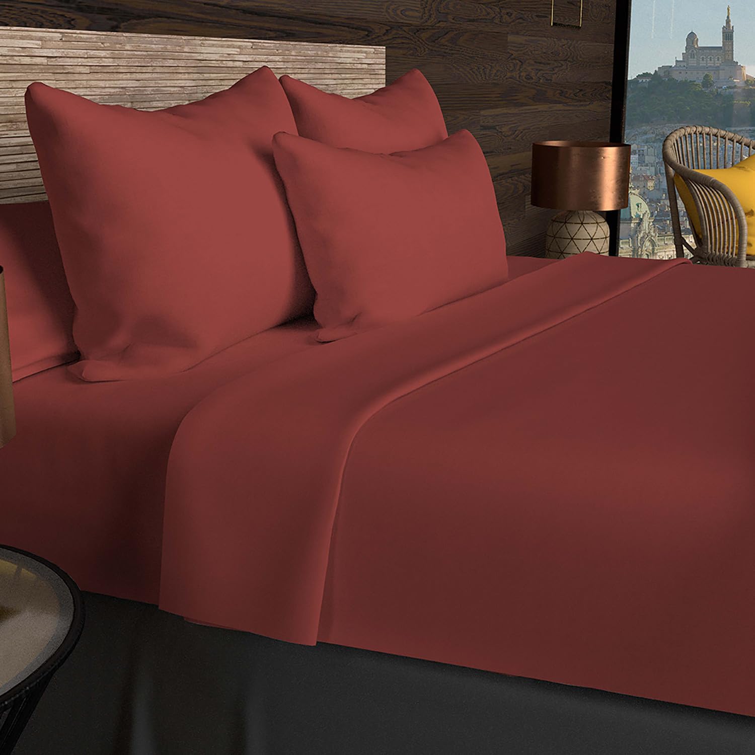 Soleil d'ocre, Plain Brick Cotton Flat Sheet 57 Thread Count 260 x 300 cm, Red - Image 3