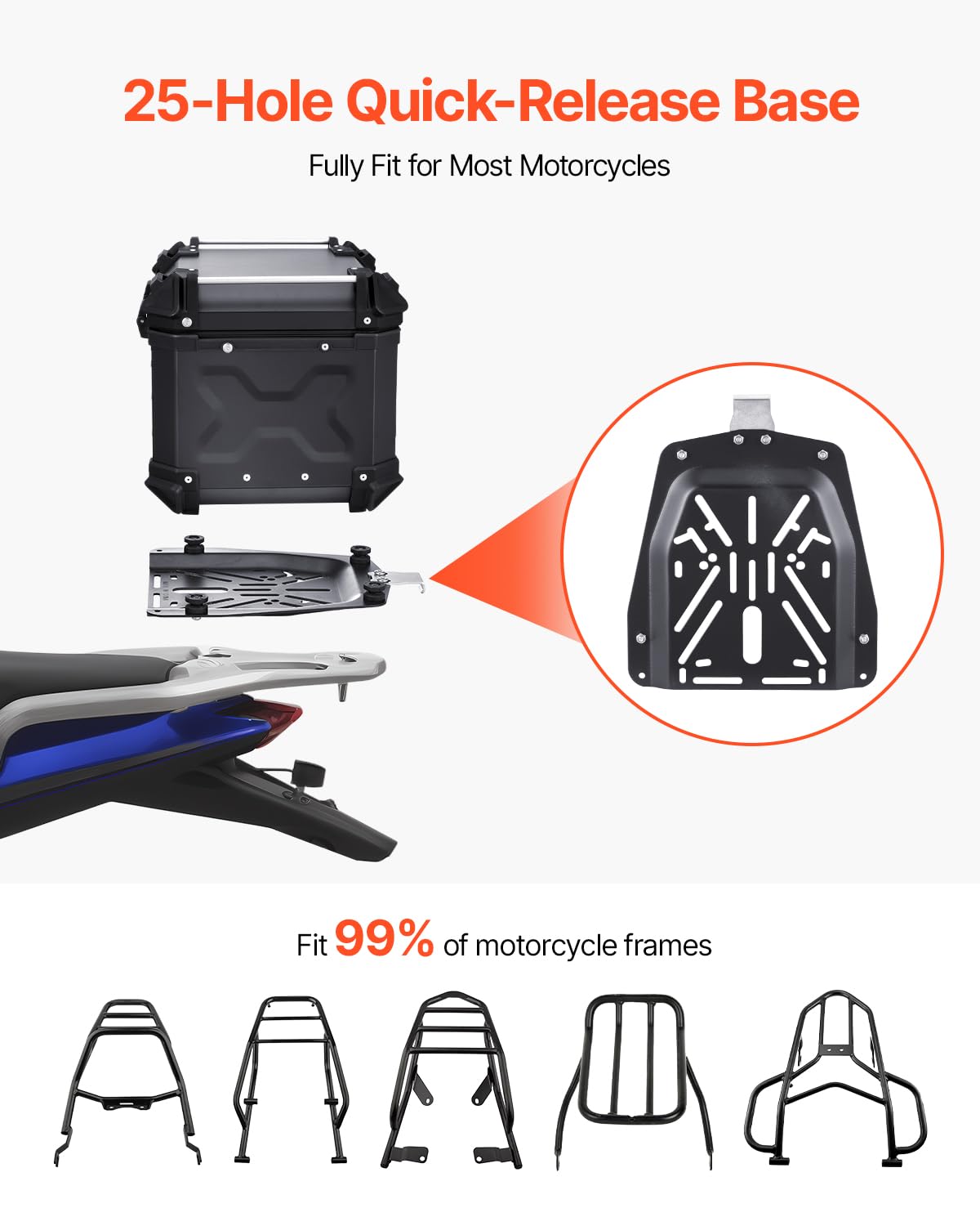 VEVOR Top Case pour Moto 55 L, Valise Porte-bagages Universel en Alliage d'Aluminium avec Doublure en Cuir, Coffre Arrière de Moto Amovible et Étanche, avec Serrure et Coussin de Dossier, pour Scooter