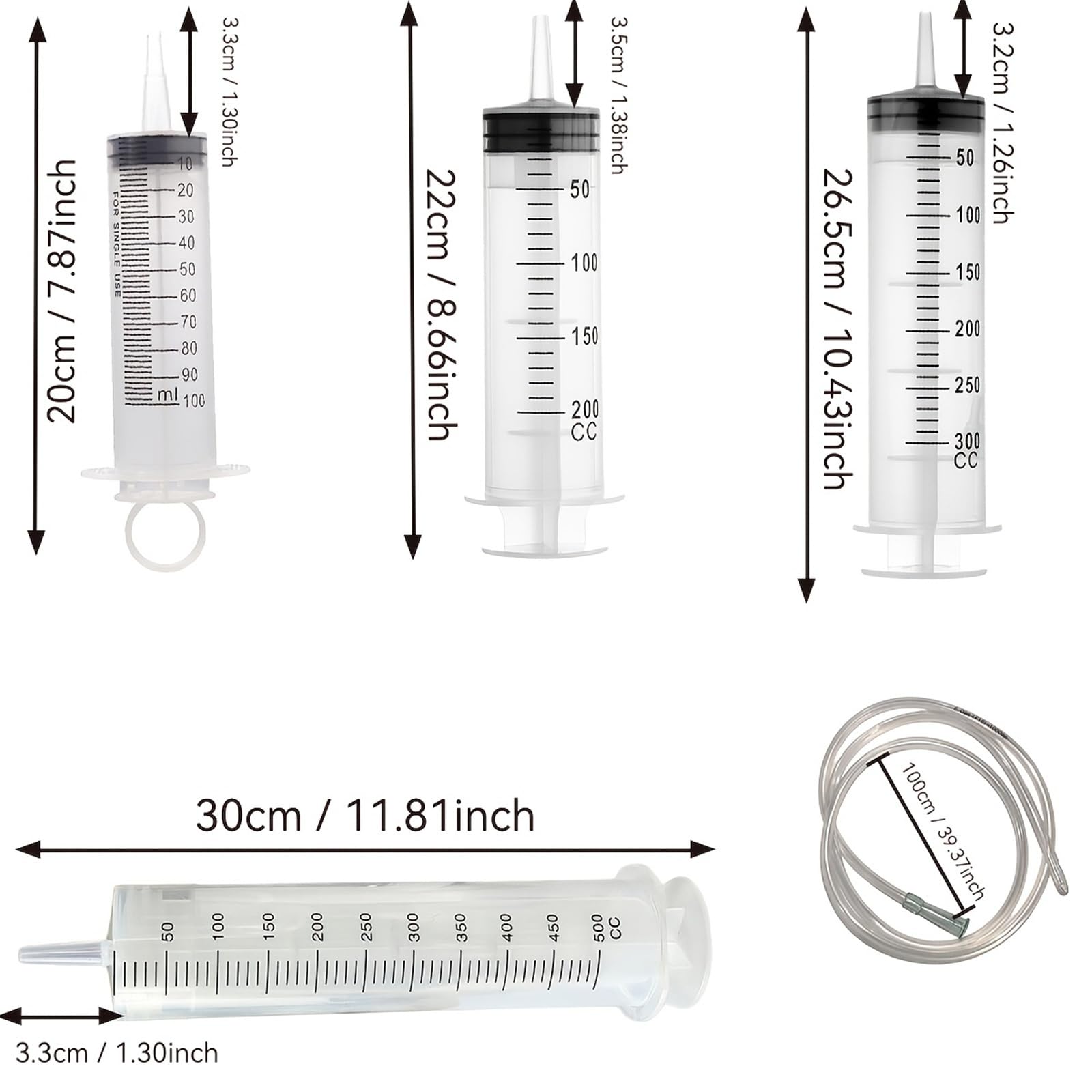 Generico Siringa da 100-500 ml con Tubo da 1 m - per Uso in Laboratorio, trasferimento di liquidi e Cura delle Piante, Grande capacità(300ml4PCS)