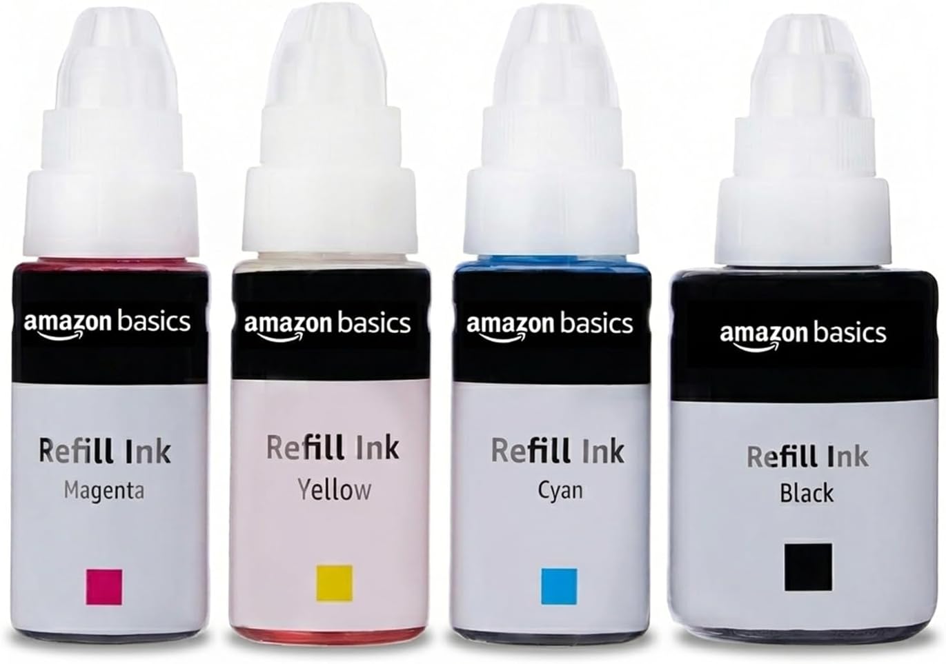 amazon basics GI 790 Ink Refill for Canon PIXMA G1000, G1010, G1100, G2000, G2002, G2012, G2100, G3000, G3010, G3012, G3100 Printers Ink|Perfect Compatibility|Leak-Proof (Black, Yellow, Cyan, Magenta)