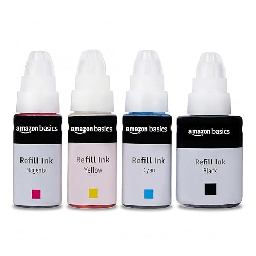 amazon basics GI 790 Ink Refill for Canon PIXMA G1000, G1010, G1100, G2000, G2002, G2012, G2100, G3000, G3010, G3012, G3100 Printers Ink|Perfect Compatibility|Leak-Proof (Black, Yellow, Cyan, Magenta)
