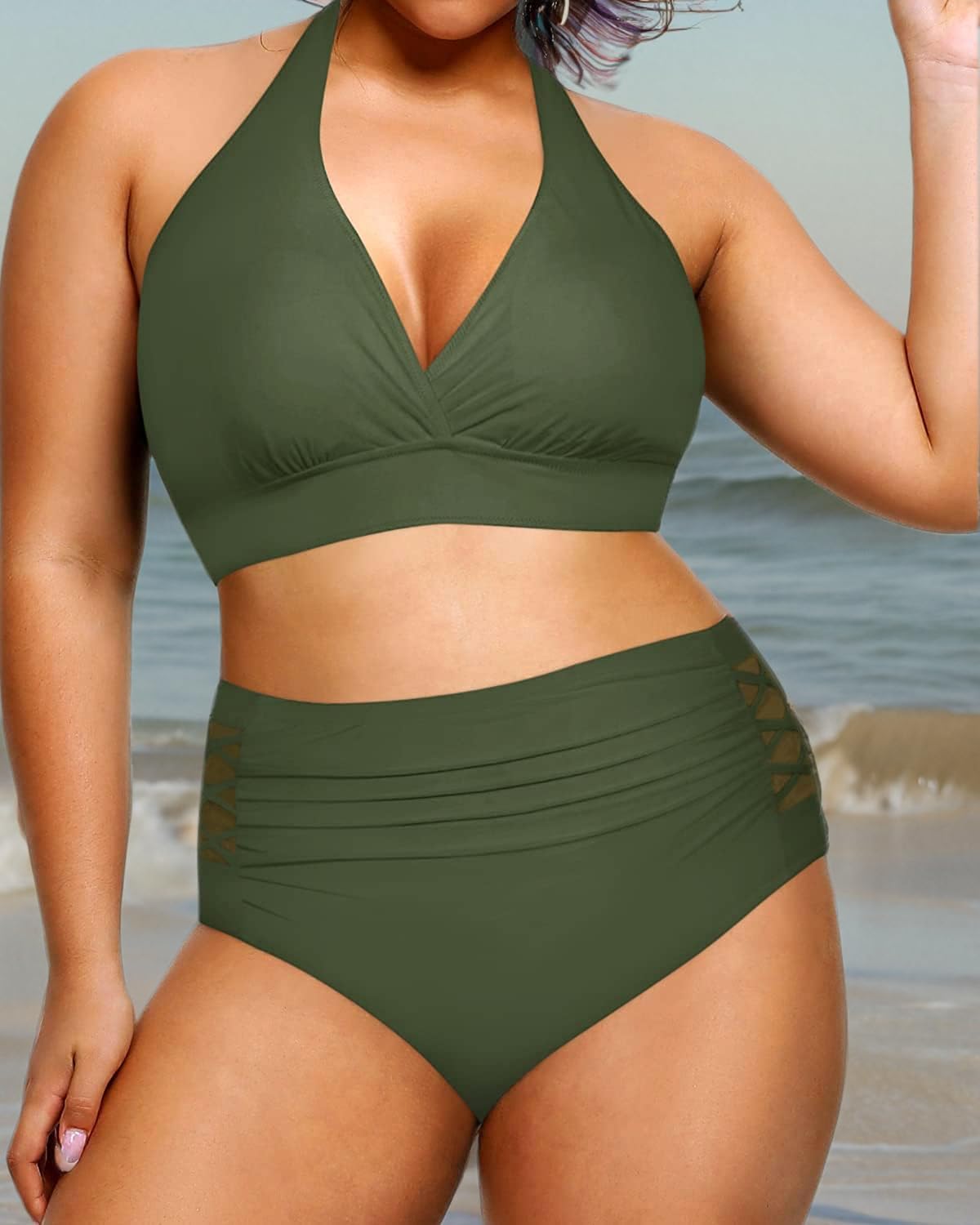 Yonique Womens Two Piece Plus Size Halter Bikini Swimsuits Tummy Control Bathing Suits High Waisted Swimwear