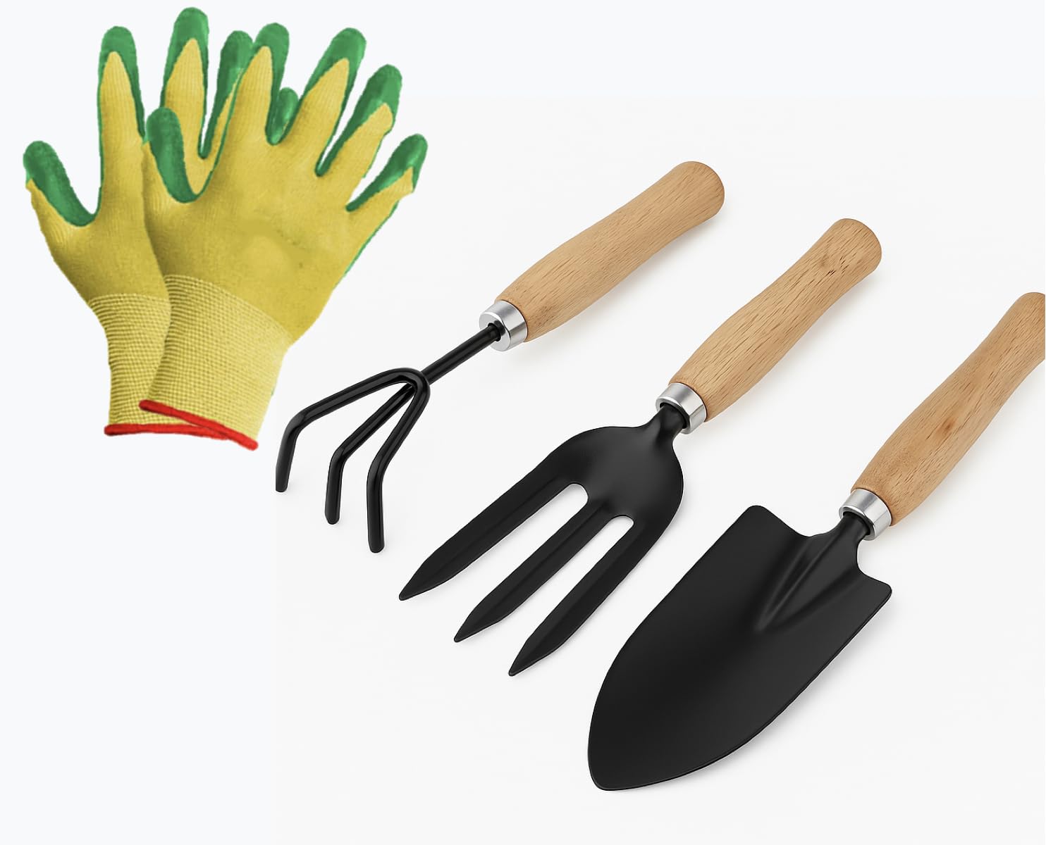 Yo Green Gardening Wooden Handle Tools Set – 4 Pcs (Cultivator, Big Trowel, Fork, Gloves), Heavy Duty Gardening Tool with Wooden Handle for Soil Loosening, Weeding & Aeration