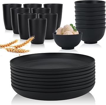 Wrova wheat straw snack bowls 10oz and 8in small plates bundle with 12oz cups - unbreakable dinnerware sets of 24 - black series