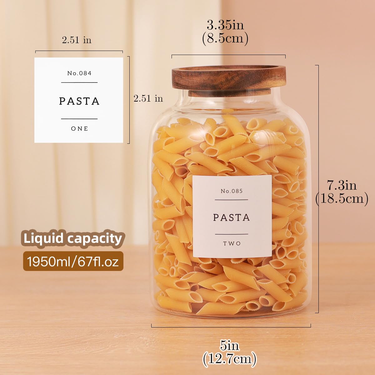 Barattolo in vetro borosilicato alto con coperchio ermetico in acacia e 132 etichette da cucina prestampate, contenitore per alimenti in vetro spesso da 150 ml, per caffè, zucchero di canna, caramelle
