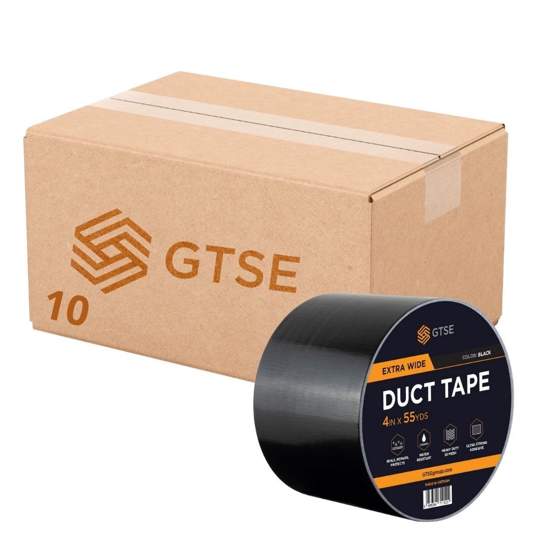 GTSE 10 Rolls 100mm x 50m, Wide Black Duct Tape, 4” Waterproof Strong Adhesive Gaffer Tape for Patching, Sealing, Securing Cables and Labelling, Heavy Duty Tape
