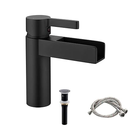 FELIXBATH Single Handle Waterfall Bathroom Sink Faucets, Single Hole Modern Lavatory Vanity Sink Faucets Waterfall Tub Faucet Deck Mount with Pop Up Drain (Matte Black)