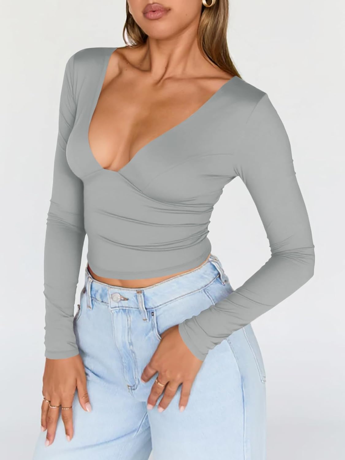 Tankaneo Women's Deep V Neck T Shirts Sexy Long Sleeve Casual Going Out Cropped Tops Slim Fitted Y2K Outfits - Image 5