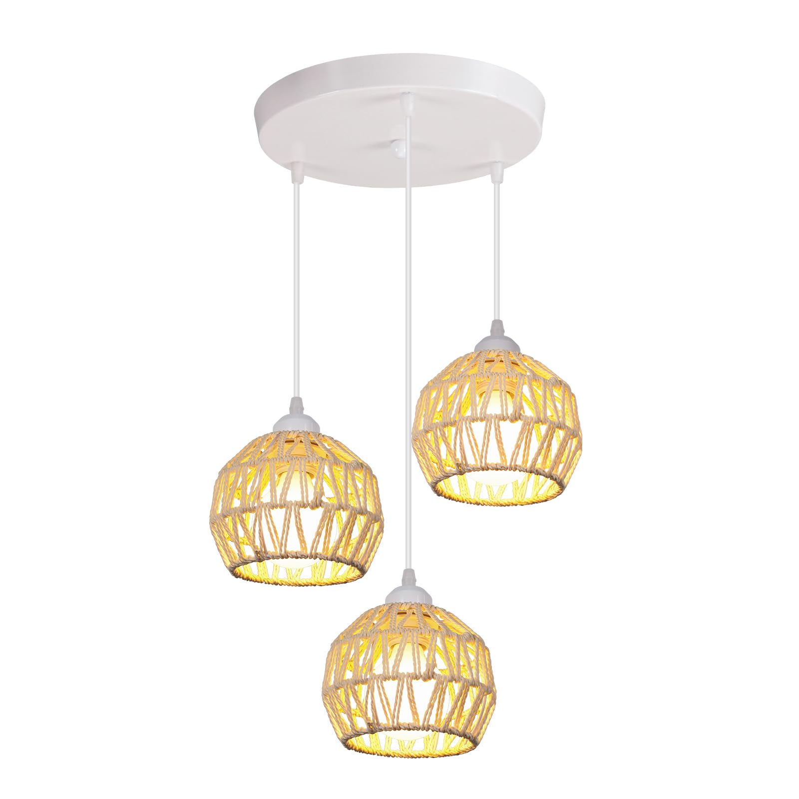 3 Luces Lámpara Colgante Industrial Vintage Lámpara de Techo Cuerda Metal Pantalla Jaula Lámparas Retro Iluminación para Restaurante Pasillo Dormitorio, Blanco