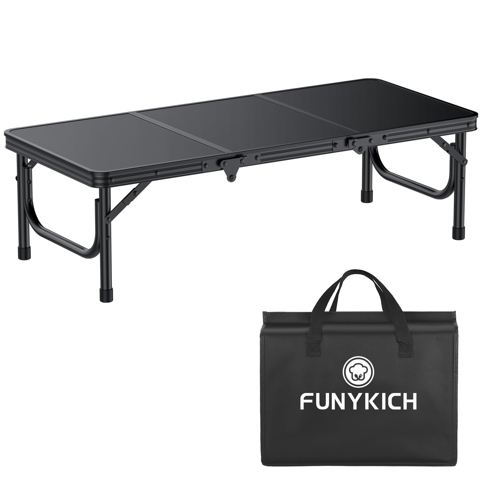 FUNYKICH 3ft Klappbarer Campingtisch 87x40x26cm, Kleiner Faltbarer Klapptisch mit Tragetasche, Aluminium Tragbar Falttisch, MDF Platten Multifunktionstisch für Picknick Camping Strand Balkon, Schwarz
