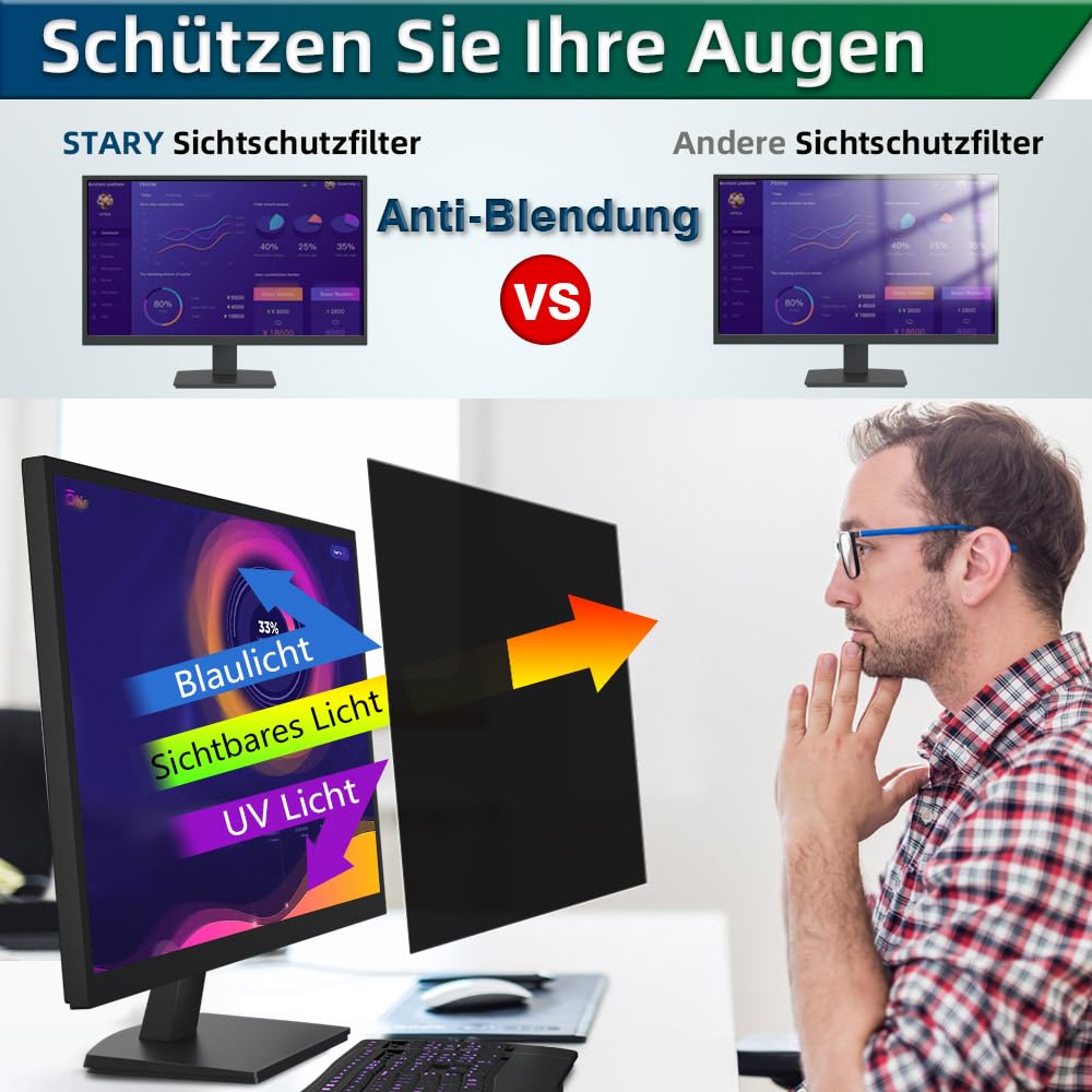 STARY 2 Stück Blickschutzfilter 24 Zoll 16:9 Bildschirmschutz - Anti-Blaulicht, Anti-Glare, abnehmbare Sichtschutzfolie für 24" Monitor, Kompatibel mit HP, ASUS, Dell, Acer/Lenovo