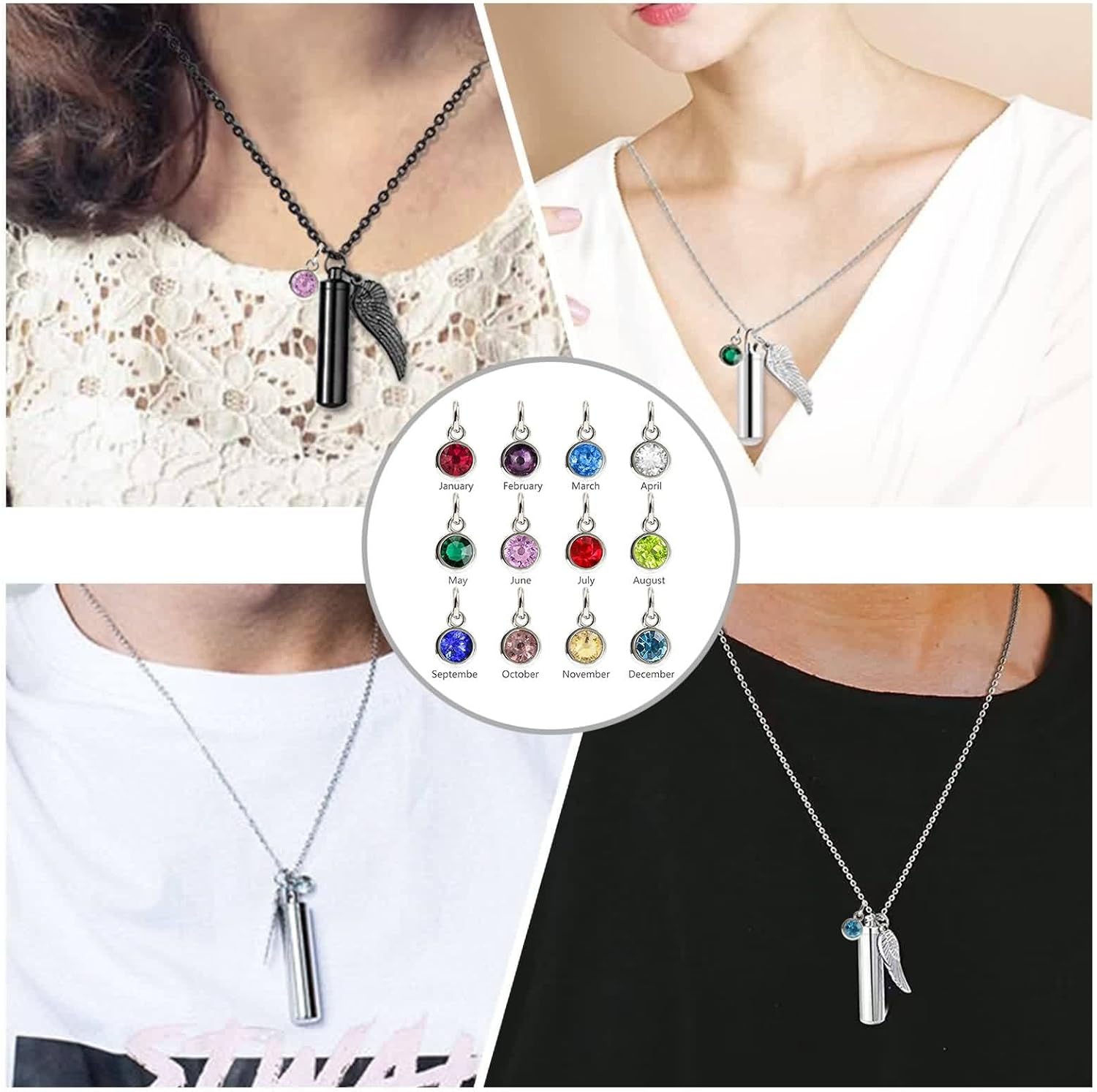 Urn Necklace for Ashes, Birthstone Necklace Stainless Steel Angel Wing Cylindrical Pendant Keepsake Cable Chain 22 Inch 2MM