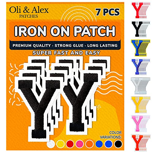 Oli and Alex Iron On Letters 2.4 inch - 7 pcs of Y Black Patches Letters for Clothing - Super Glue - No sew Needed - Embroidery Alphabet Football Team School University - Black, Y