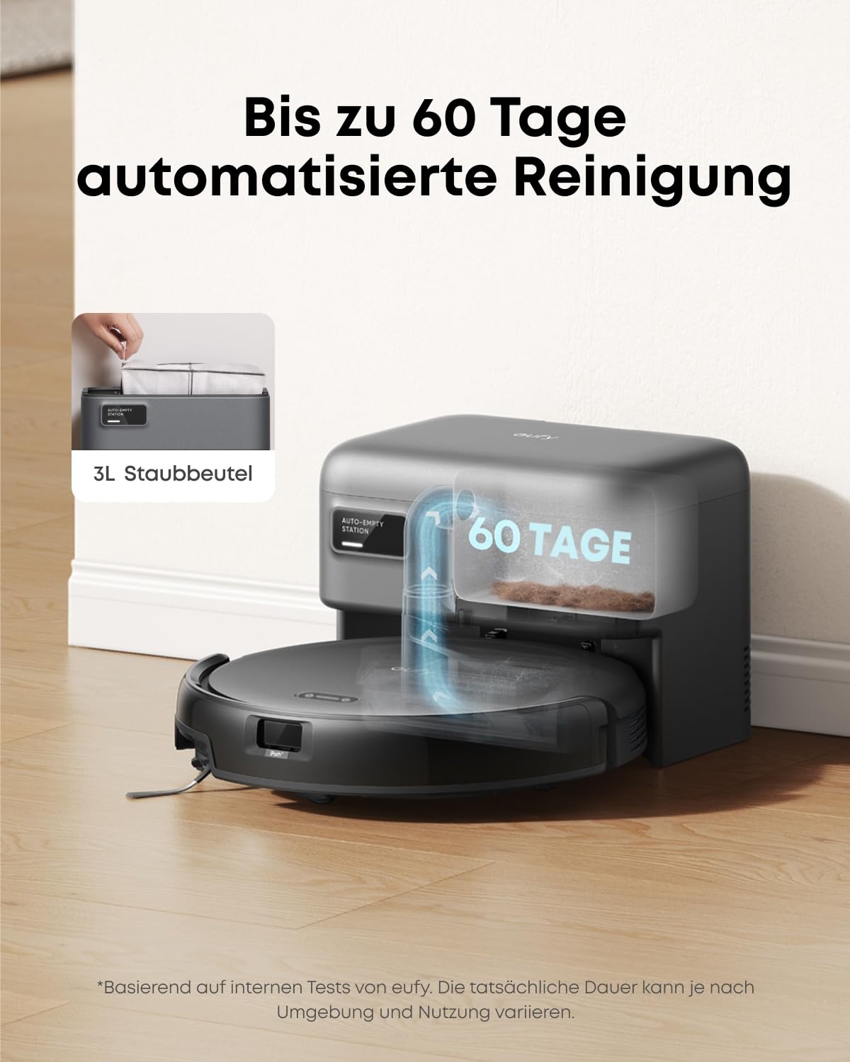 eufy C10 Saugroboter mit Automatischer Absaugstation, 7,2cm Ultraflaches Design, Teppichreinigung, Ausfahrbare Seitenbürste für Ecken, Automatische Entleerung, Punktlaser- & Infrarot-Navigation