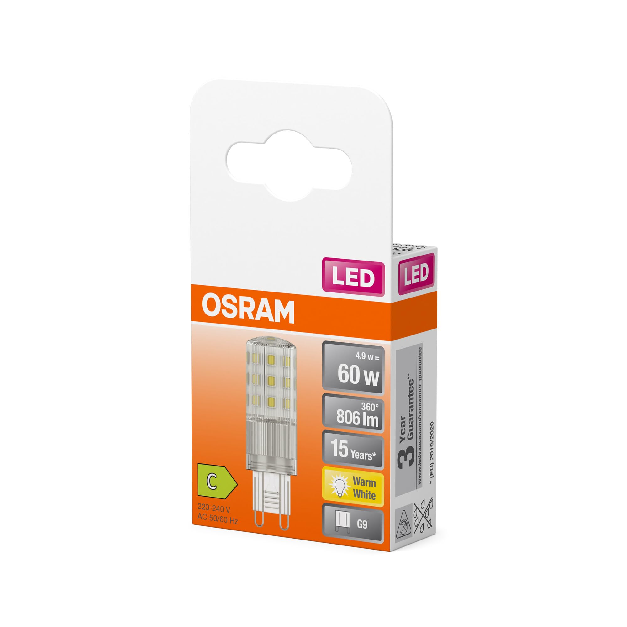 Osram LED PIN multicolor LED-Lampe mit Retrofit-Stecksockel G9, 4.9 W / 806 lm, klar, warmweißes Licht mit 2700 K, nicht-dimmbar, IP20, bleifreies Glas, 18 mm Durchmesser.