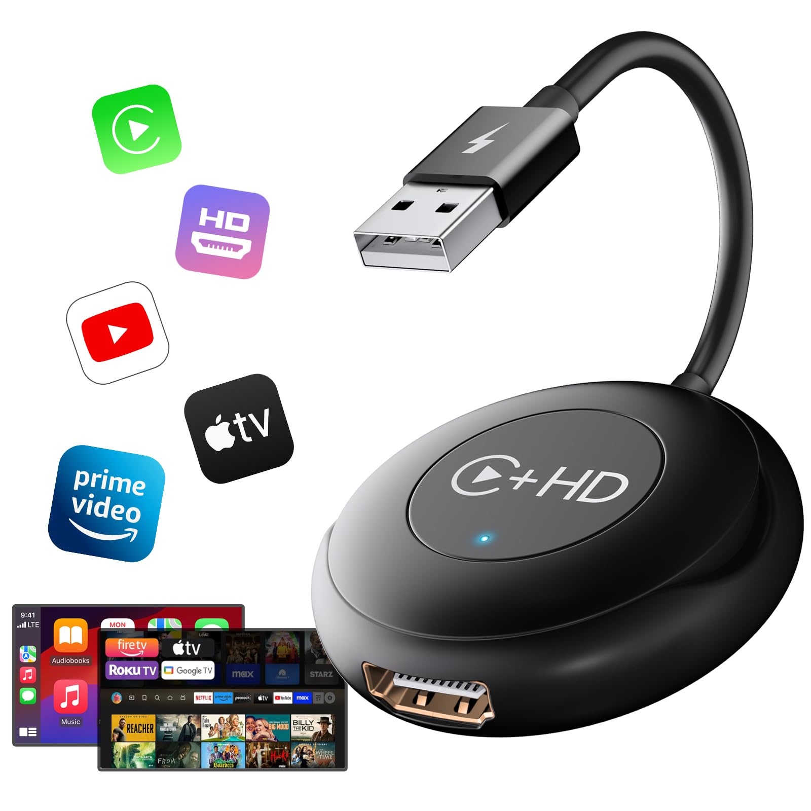 UWECAN Wireless CarPlay with HDMI Multimedia, CarPlay Wireless for Factory Wired CarPlay to Wireless, Car TV Mate Converter for Fire/Google TV Sticks Multimedia Devices Mirroring, for iPhone iOS 11+