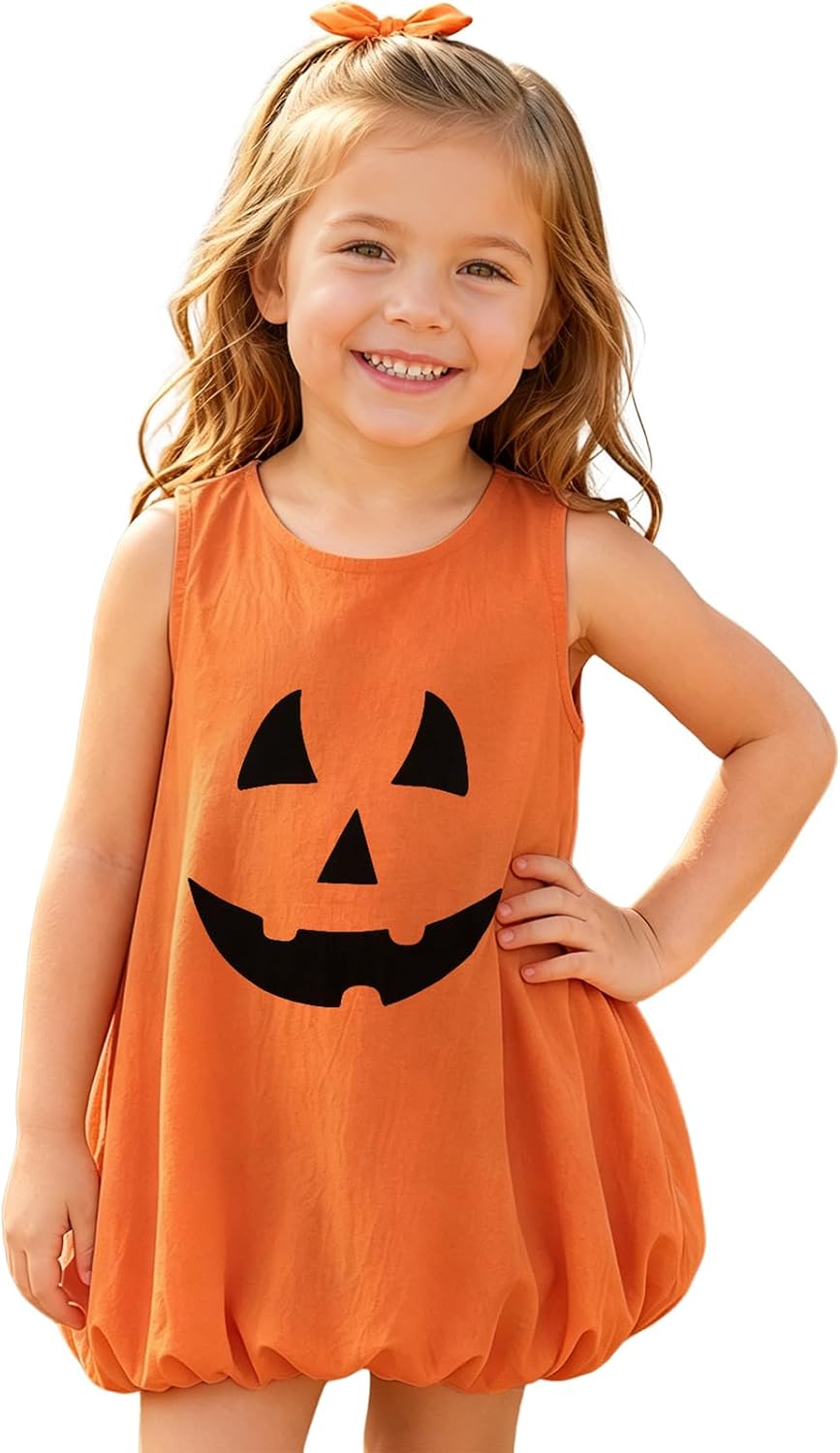 Toddler Baby Girls Halloween Outfit Kids Cute Pumpkin Face Dress Sleeveless