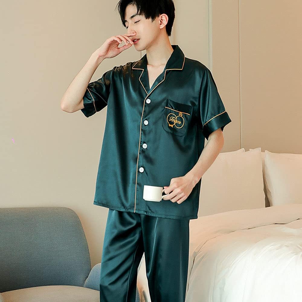 Couple Satin Pajamas Suit Sexy V-Neck lace Sleep Suit Black Men 3XL (Green Large)