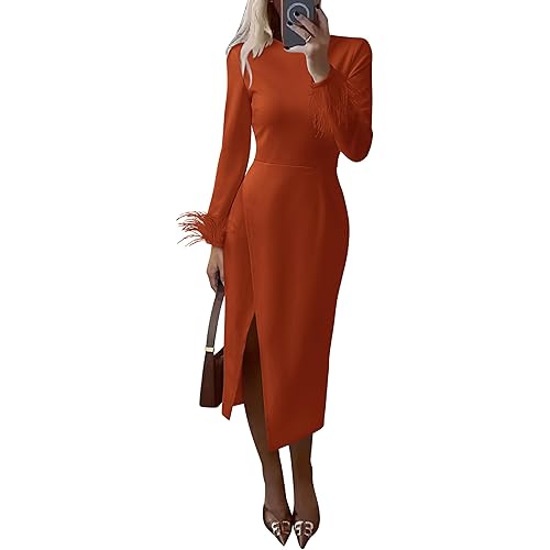PRETTYGARDEN Women's 2024 Fall Long Sleeve Dress Formal Midi Bodycon Wrap Slit Feather Elegant Wedding Guest Cocktail Dresses