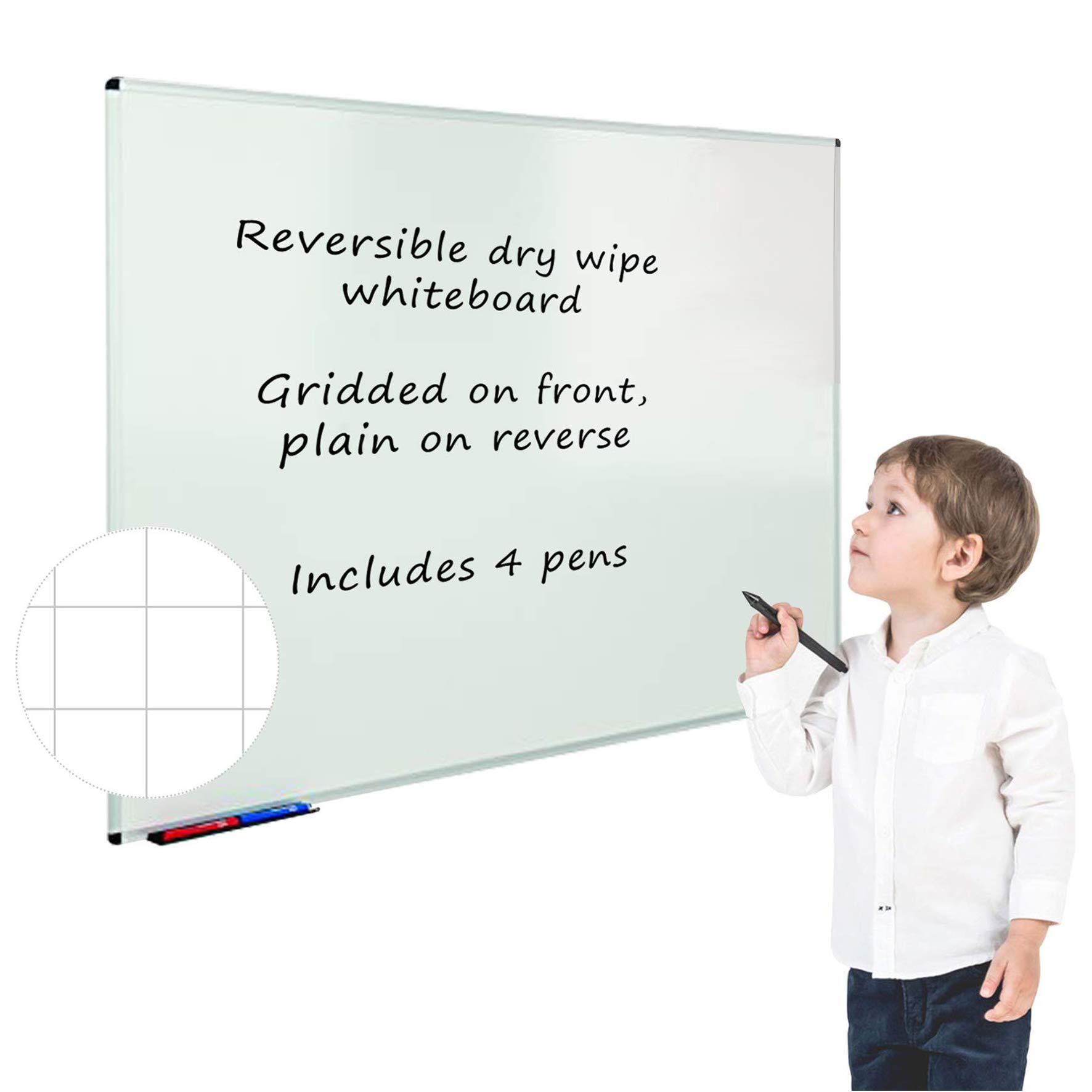 Wonderwall Non-Magnetic Whiteboard 120 x 90 cm, Double-Sided Dry-Wipe Surface with Feint Grid on Reverse, with Clip On Pen Tray & Pack of 4 Markers, Ideal for School, Office, Industry