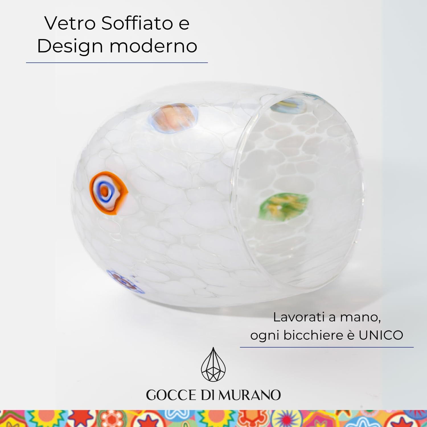 Gocce di Murano 6 Bicchieri Acqua Lavorati Secondo la Tradizione degli Artigiani di Murano, Bicchiere Soffiato e Lavorato a Mano 300 ml - Bicchieri Acqua Vetro Arcobaleno Pioggia