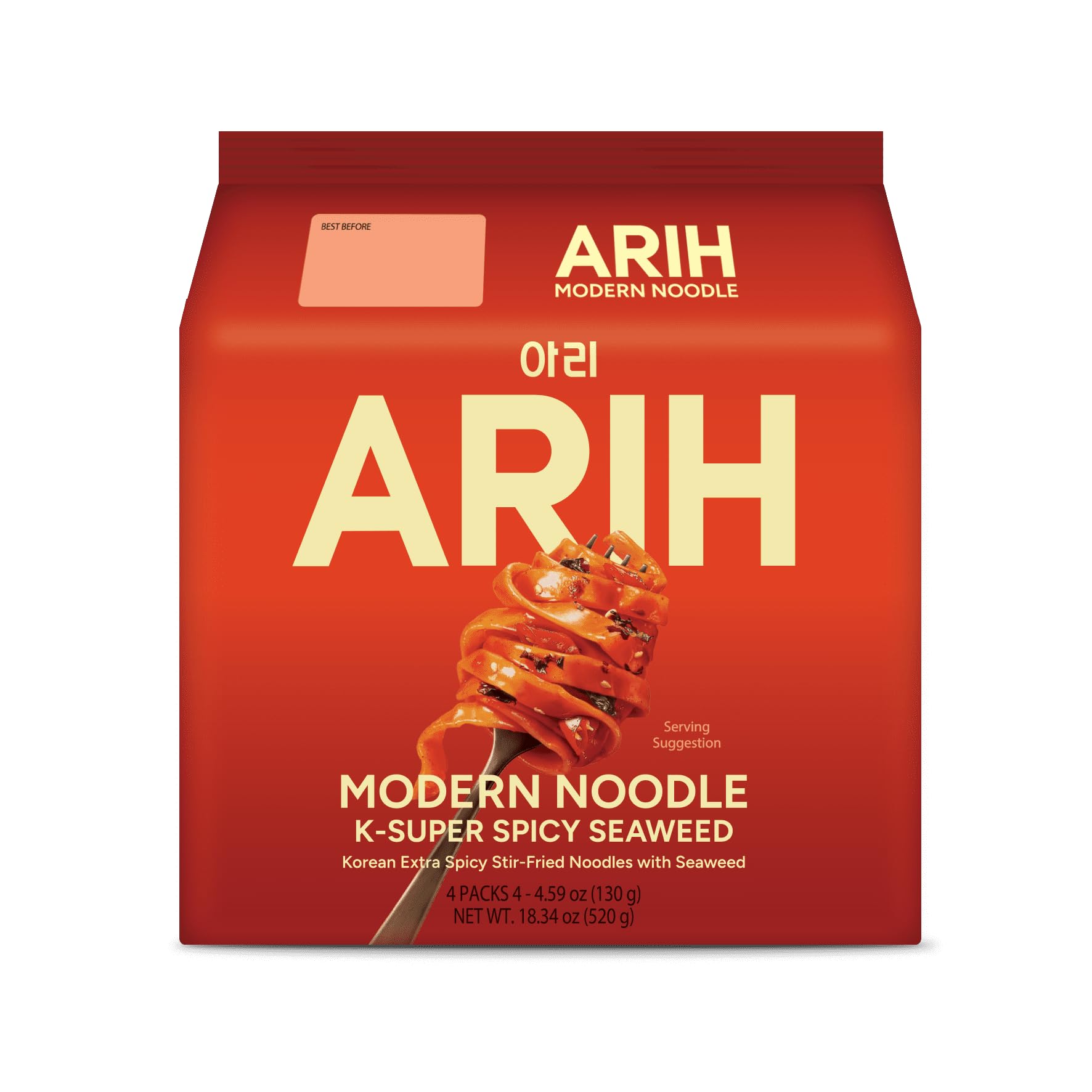 ARIH Modern Noodles, Western-Korean Fusion Soup-Less Noodles, 4 Pack (K-Super Spicy Seaweed)
