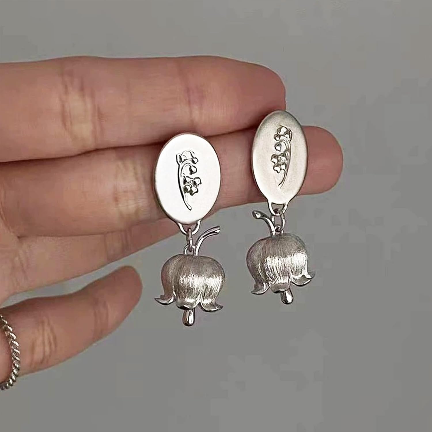 W WEILIRIAN Vintage Bell Orchid Earrings for Teen Girls Metal Flower Drop Earrings Silver Oval Stud Earrings Jewelry for Women Gifts - Image 6