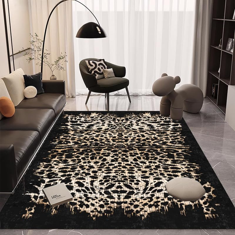 Pmnadfdag Living room Rugs,Short Pile Soft Carpet for Bedroom Rug for Indoor Decor,Bedroom Kitchen Retro Black Leopard Print, 110 x 190 cm