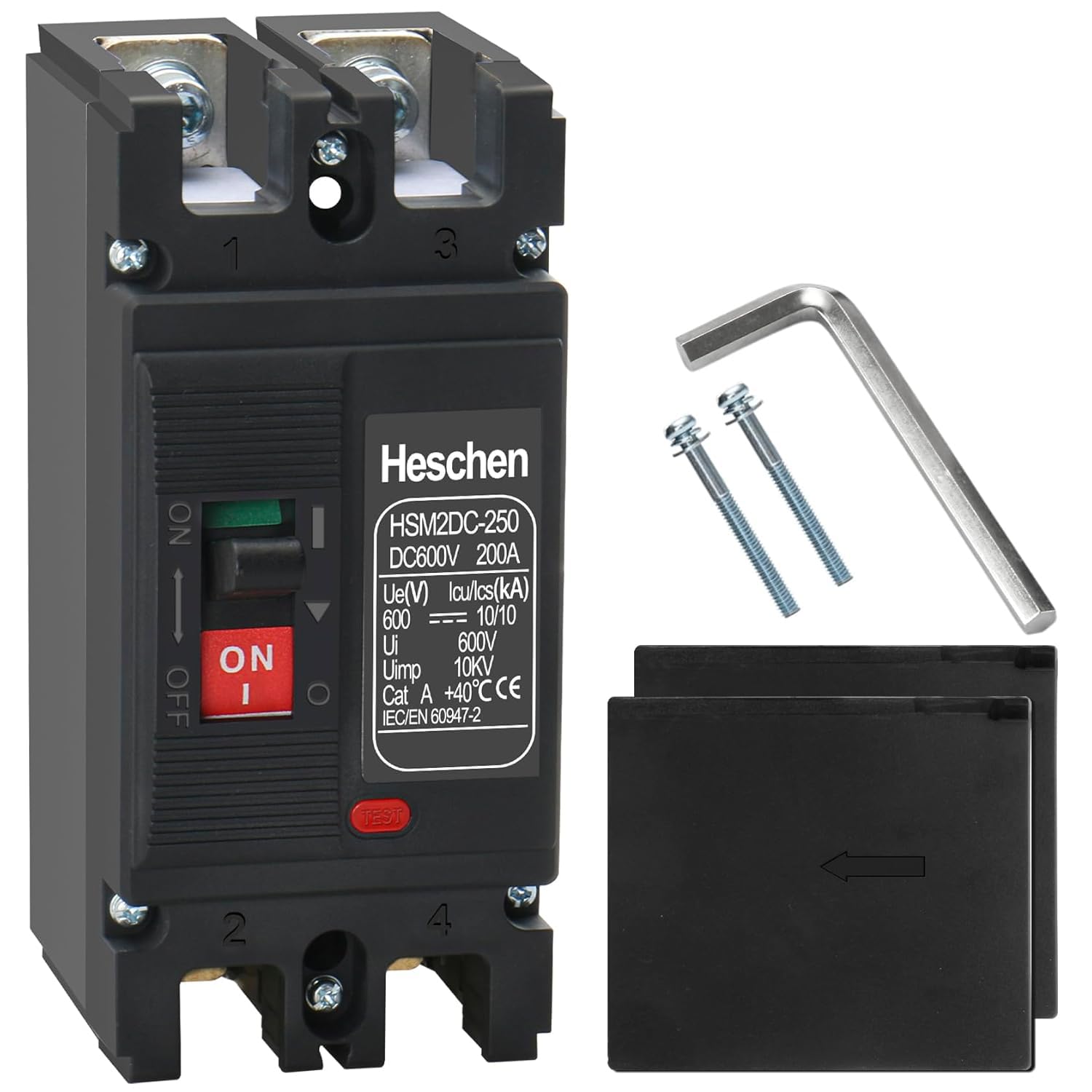 Heschen MCCB, HSM2DC-250, 200A, 2 poli, DC600V, interruttore fotovoltaico, con 4 capicorda in rame stagnato, per fotovoltaico, UPS